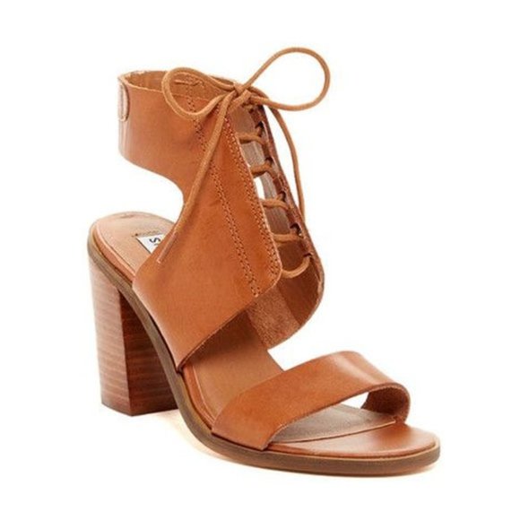 Steve Madden Shoes - Steve Madden Nannoo Laced Up Front Block Heel Sandal Tan Cognac Leather Shoes 8